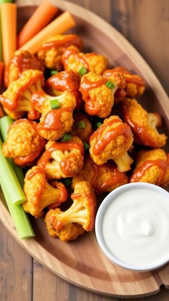 Crispy cauliflower buffalo wings on a wooden platter with celery and carrot sticks, served with ranch dressing.